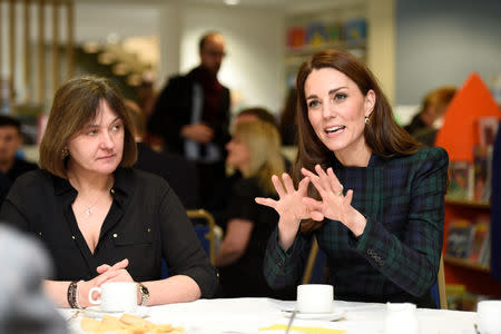 Catherine, Duchess of Cambridge visits a community centre in Dundee to meet with employees and their families from the local Michelin tyre factory which is to cease production, in Dundee, Scotland, January 29, 2019. Ian Rutherford/Pool via REUTERS