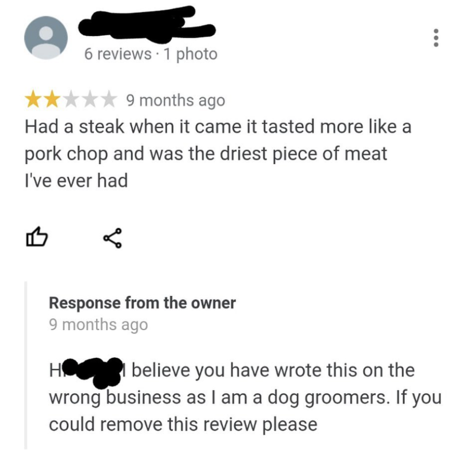 A review says the steak was dry and tasted like pork. The owner responds, noting they are a dog groomer and requesting removal of the review