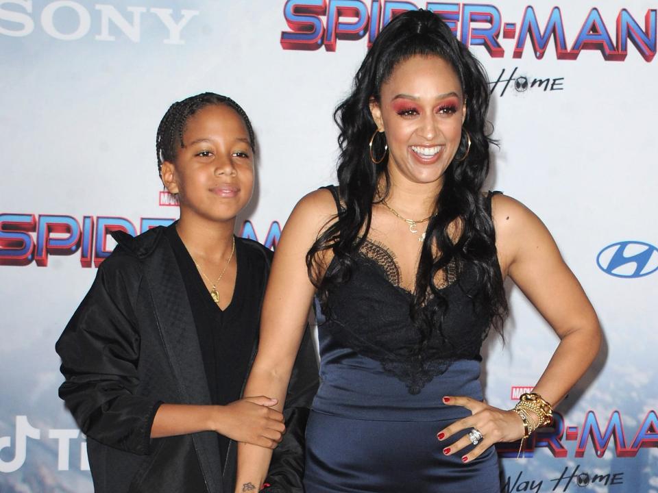 Tia Mowry and son Cree Hardrict attend Sony Pictures' "Spider-Man: No Way Home" Los Angeles Premiere held at The Regency Village Theatre on December 13, 2021 in Los Angeles, California