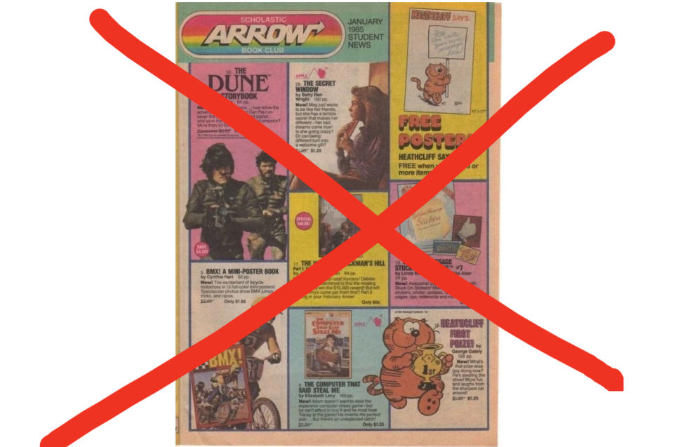 A vintage Scholastic Arrow book club flyer with a red "X" superimposed, suggesting disuse or nostalgia