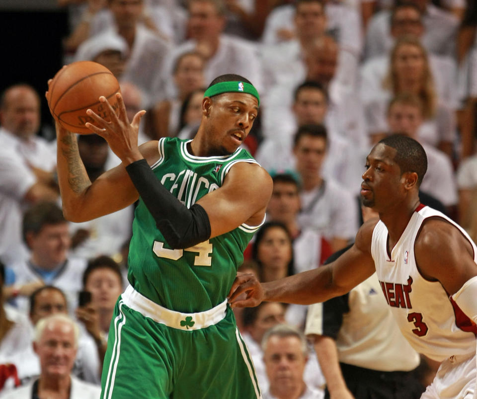 (06/09/12, Miami, Fla) Boston Celtics small forward Paul Pierce (34) comes under pressure from Miami Heat shooting guard Dwyane Wade (3) during the first quarter as the Celtics take on the Heat in Game 7 of the Eastern Conference Finals in Miami on Saturday, June 09, 2012. (Staff Photo by Stuart Cahill) (Photo by Stuart Cahill/MediaNews Group/Boston Herald via Getty Images)