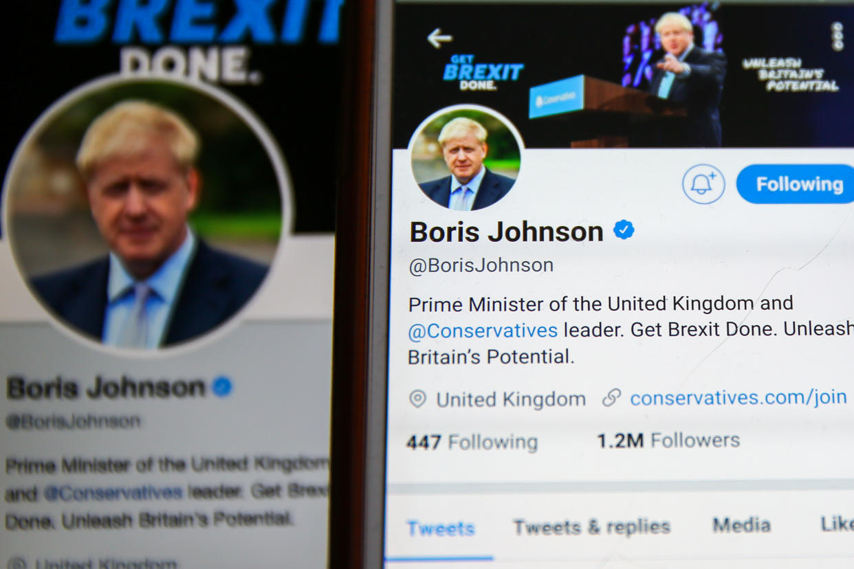 In this photo illustration a Twitter account of Boris Johnson, Prime Minister of the United Kingdom and the leader of the Conservative Party seen on a computer and a mobilephone. As of 8 December 2019, Boris Johnson has 1.27m followers on his Twitter account. Britons go to the polls on 12 December in a General Election. (Photo by Dinendra Haria / SOPA Images/Sipa USA)