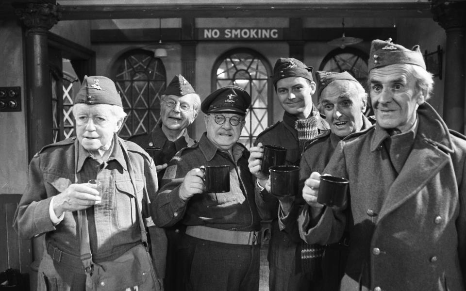 From left to right Arnold Ridley (Private Godfrey), Clive Dunn (Corporal Jones), Arthur Lowe (Captain Mainwaring), Ian Lavender (Private Pike), John Laurie (Private Frazer) and John Le Mesurier (Sergeant Wilson) during an episode of the BBC comedy series 'Dad's Army' filmed on July 30, 1977