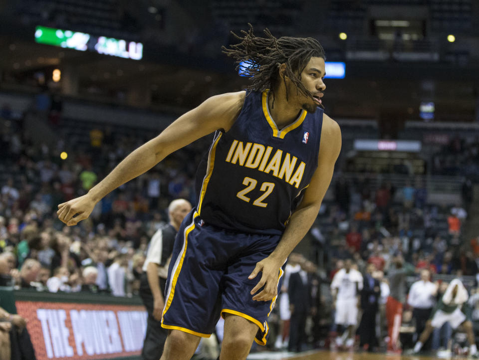 Indiana Pacers' Chris Copeland sinks the game-winning shot against the Milwaukee Bucks during the second half of an NBA basketball game on Wednesday, April 9, 2014, in Milwaukee. The Pacers defeated the Bucks 104-102. (AP Photo/Tom Lynn)