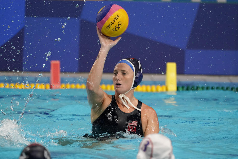 United States' Kaleigh Gilchrist plays against Japan during a preliminary round women's water polo match at the 2020 Summer Olympics, Saturday, July 24, 2021, in Tokyo, Japan. (AP Photo/Mark Humphrey)