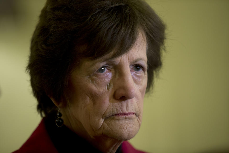 Philomena Lee gives an interview at the end of a press conference in Rome, Thursday, Feb. 6, 2014, after her meeting with Pope Francis a day earlier and the Oscar-nominated film based on her story of trying to find a son taken from her 50 years earlier. One of the main criticisms of the Vatican in a U.N. report on sex abuse was the Holy See's failure to investigate the arbitrary placement of girls in church-run workhouses in Ireland, where their out-of-wedlock babies were taken from them and put up for adoption. (AP Photo/Andrew Medichini)