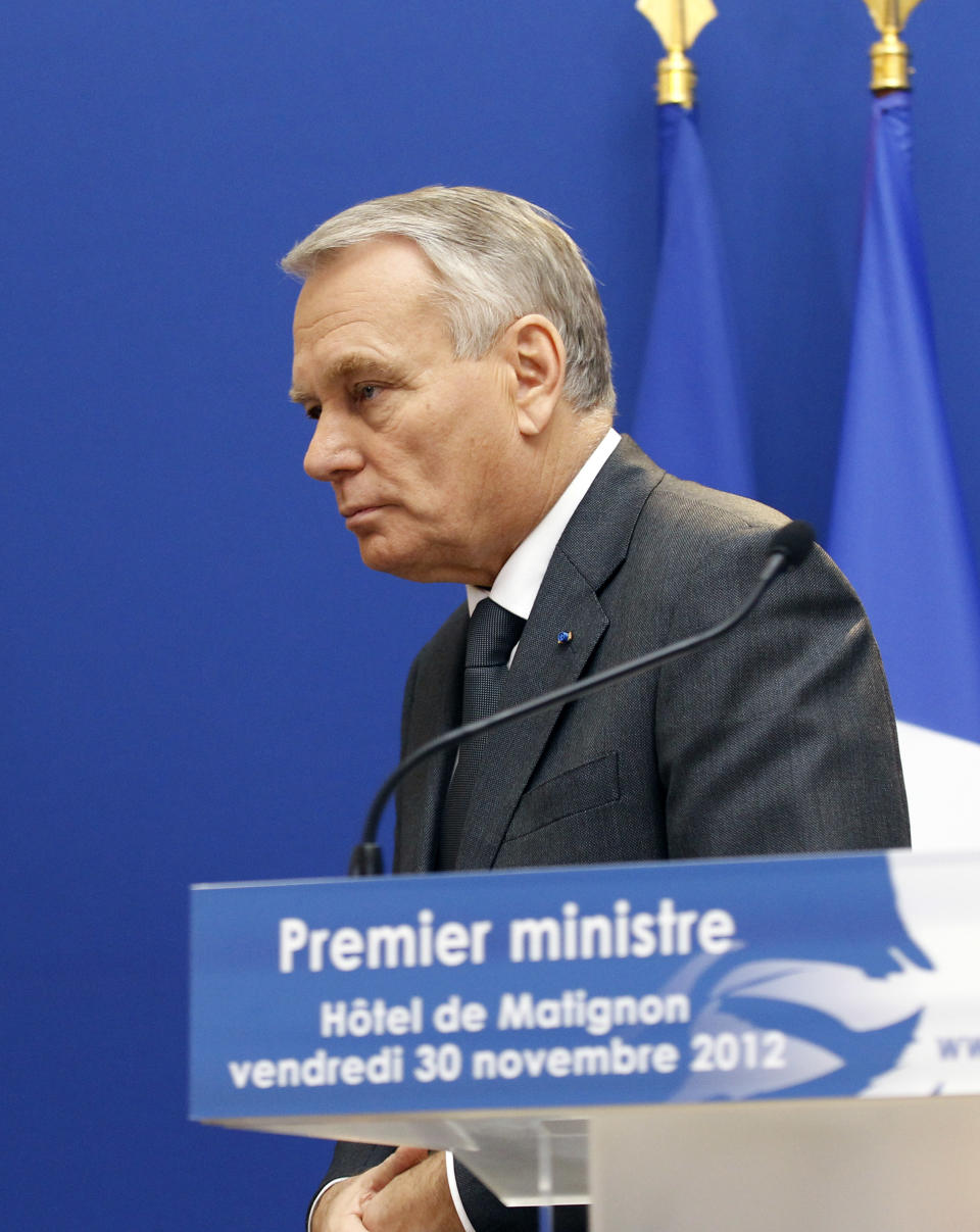 French Prime Minister Jean Marc Ayrault is seen after making a statement on the Arcelor Mittal situation, at the Hotel Matignon in Paris, Friday Nov. 30, 2012. Steelmaker ArcelorMittal will invest 180 million euros in its Florange steelworks in northern France under a deal with the government to save jobs at two shuttered blast furnaces.(AP Photo/Remy de la Mauviniere)