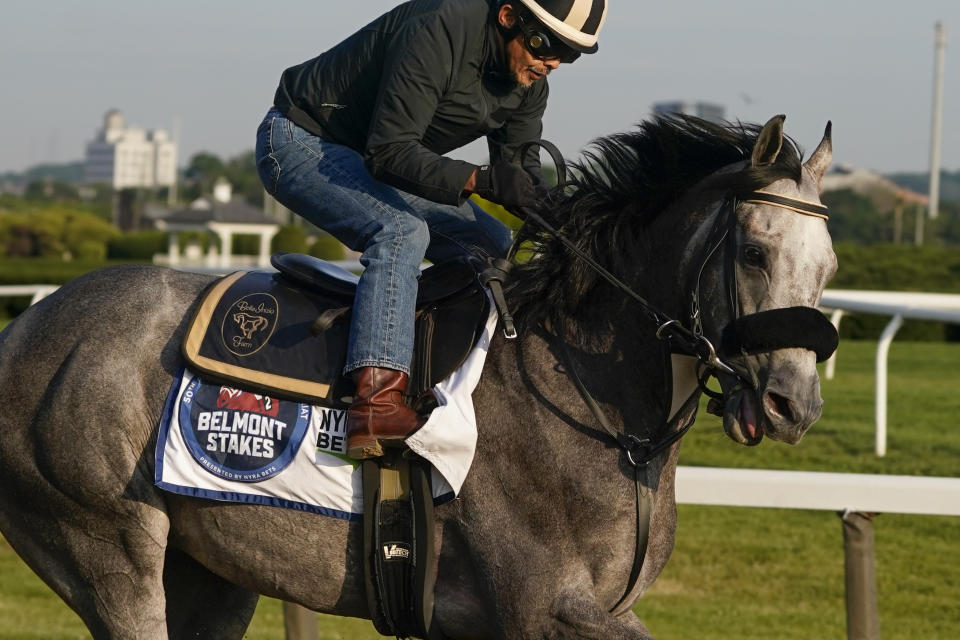 Arcangelo trains ahead of the Belmont Stakes horse race, Friday, June 9, 2023, at Belmont Park in Elmont, N.Y. (AP Photo/John Minchillo)