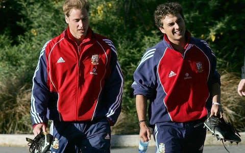 Prince William (left) walks to a British and Irish Lions training session in 2005 with his friend Thomas Van Straubenzee - Credit: David Davies/PA