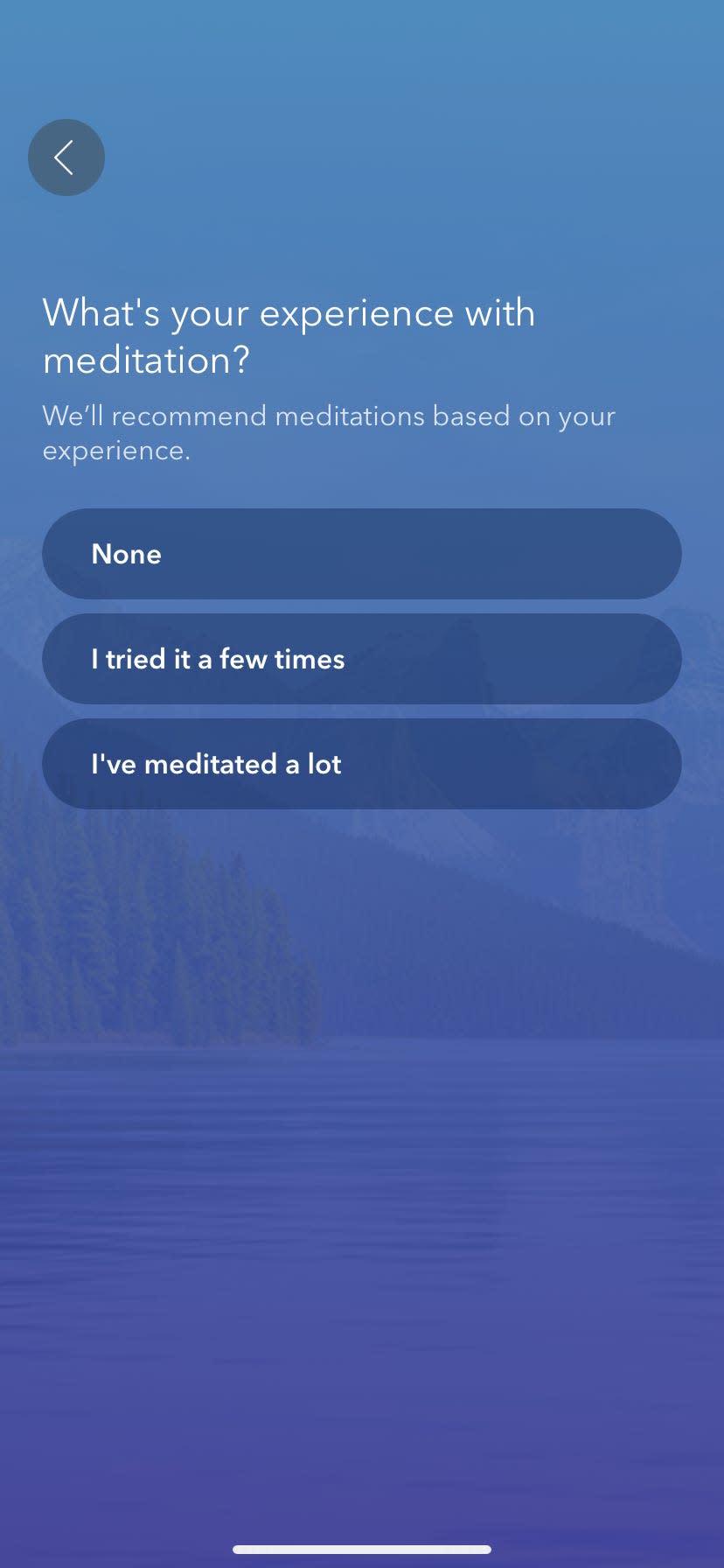 a blue screen and question "What's your experience with meditation?" in a screenshot of the meditation app Calm