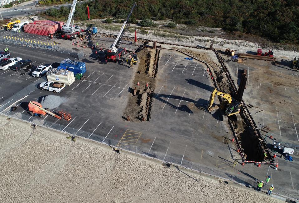 Covell Beach parking was trenched out in two locations where the east, at right, and west Vineyard Wind cables will make landfall and then be routed to a new substation being built in Independence Park. The east cable work is under way and the west is expecting to begin on Dec. 1.