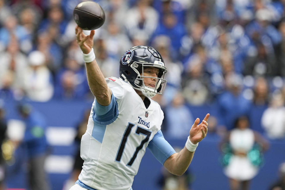 Tennessee Titans quarterback Ryan Tannehill (17) throws a pass against the Indianapolis Colts during the first half of an NFL football game, Sunday, Oct. 8, 2023, in Indianapolis. (AP Photo/Darron Cummings)