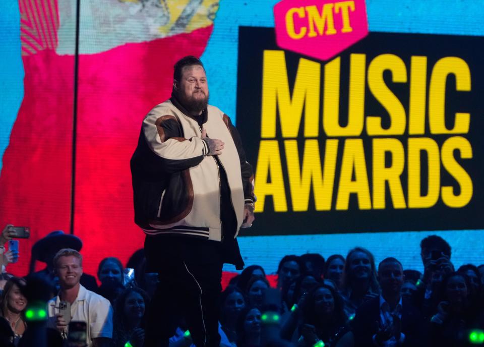 Jelly Roll takes the stage to accept the CMT Performance of the Year award at the 2024 CMT Music Awards at the Moody Center in Austin, Tex., Sunday night, April 7, 2024.