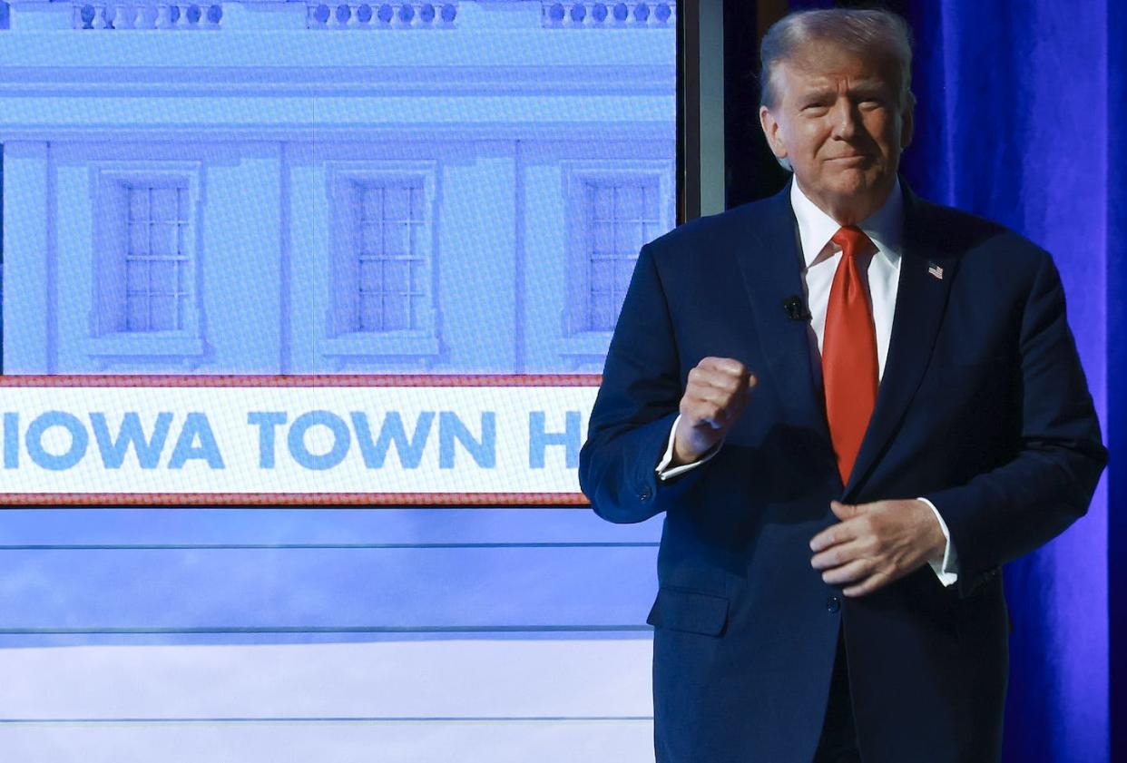 Republican presidential candidate Donald Trump appears at a Fox News town hall in Des Moines, Iowa on Jan. 10, 2024. <a href="https://www.gettyimages.com/detail/news-photo/republican-presidential-candidate-former-president-donald-news-photo/1923679596?adppopup=true" rel="nofollow noopener" target="_blank" data-ylk="slk:Joe Raedle/Getty Images;elm:context_link;itc:0;sec:content-canvas" class="link ">Joe Raedle/Getty Images</a>