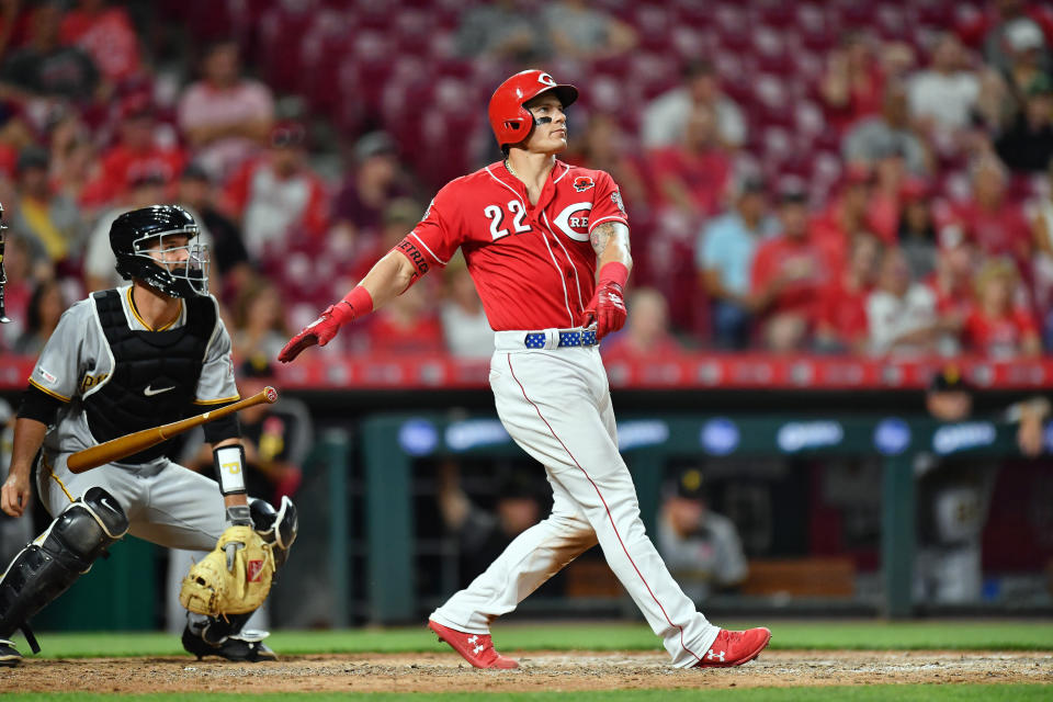 CINCINNATI, OH - MAY 27:  Derek Dietrich #22 of the Cincinnati Reds bats against the Pittsburgh Pirates at Great American Ball Park on May 27, 2019 in Cincinnati, Ohio.  (Photo by Jamie Sabau/Getty Images)