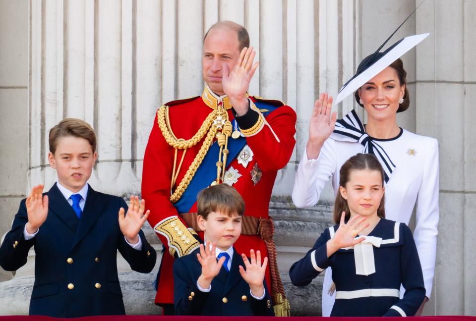 london, england june 15 prince george of wales, prince william, prince of wales, prince louis of wales, princess charlotte of wales and catherine, princess of wales during trooping the colour on june 15, 2024 in london, england trooping the colour is a ceremonial parade celebrating the official birthday of the british monarch the event features over 1,400 soldiers and officers, accompanied by 200 horses more than 400 musicians from ten different bands and corps of drums march and perform in perfect harmony photo by samir husseinwireimage