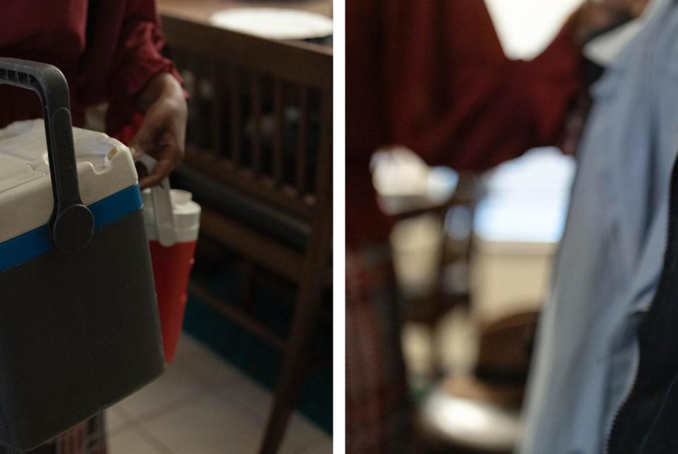 Left: Carla Gates holds Eugene's water cooler, which he would fill with drinks and ice for work. Right: Gates shows Eugene's U.S. Postal Service uniform, the same one he wore when he collapsed and died while delivering mail in June 2023.