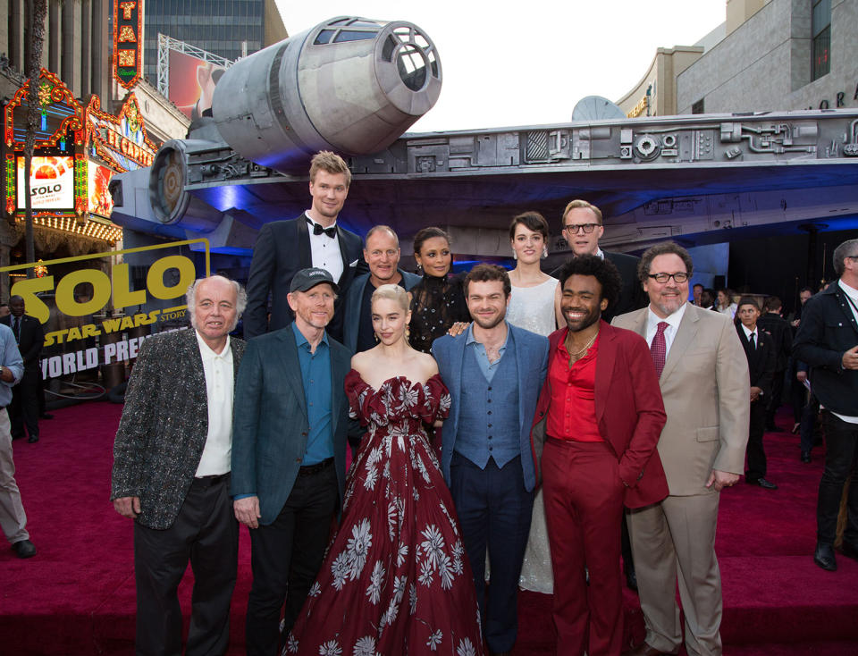 <p>Back Row) Joonas Suotamo, Woody Harrelson, Thandie Newton, Phoebe Waller-Bridge, Paul Bettany, (Front Row) Clint Howard, Ron Howard, Emilia Clarke, Alden Enrenreich, Donald Glover, Jon Favreau attend the world premiere of “Solo: A Star Wars Story” in Hollywood on May 10, 2018..(Photo: Alex J. Berliner/ABImages). </p>