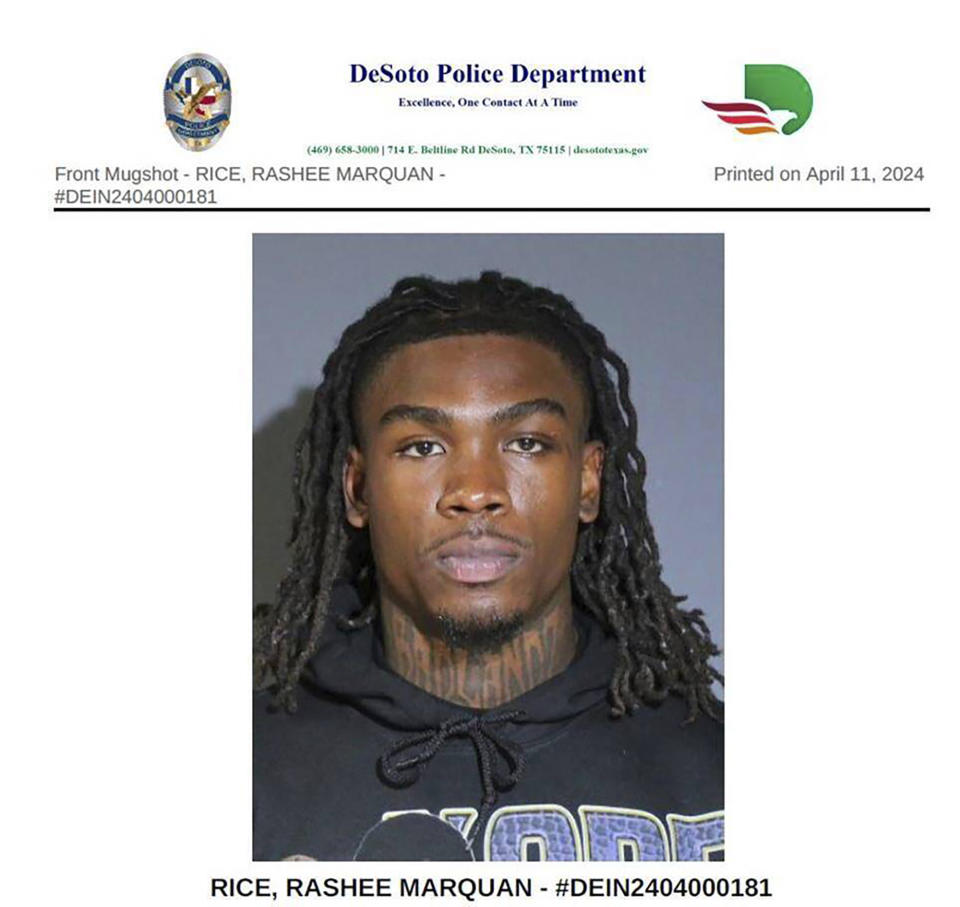 This photo provided by the DeSoto Police Department, in DeSoto, Texas, Thursday, April 11, 2024, shows the police booking photo of Kansas City Chiefs' Rashee Rice. A spokeswoman for Rice’s attorney, Texas state Sen. Royce West, confirmed to The Associated Press, late Thursday, April 11, that Rice turned himself in at the Glenn Heights Police Department, in Texas, on charges including aggravated assault after he and another driver of a speeding sports car allegedly caused a crash involving a half-dozen vehicles on a Dallas highway the previous month. (DeSoto Police Department via AP)