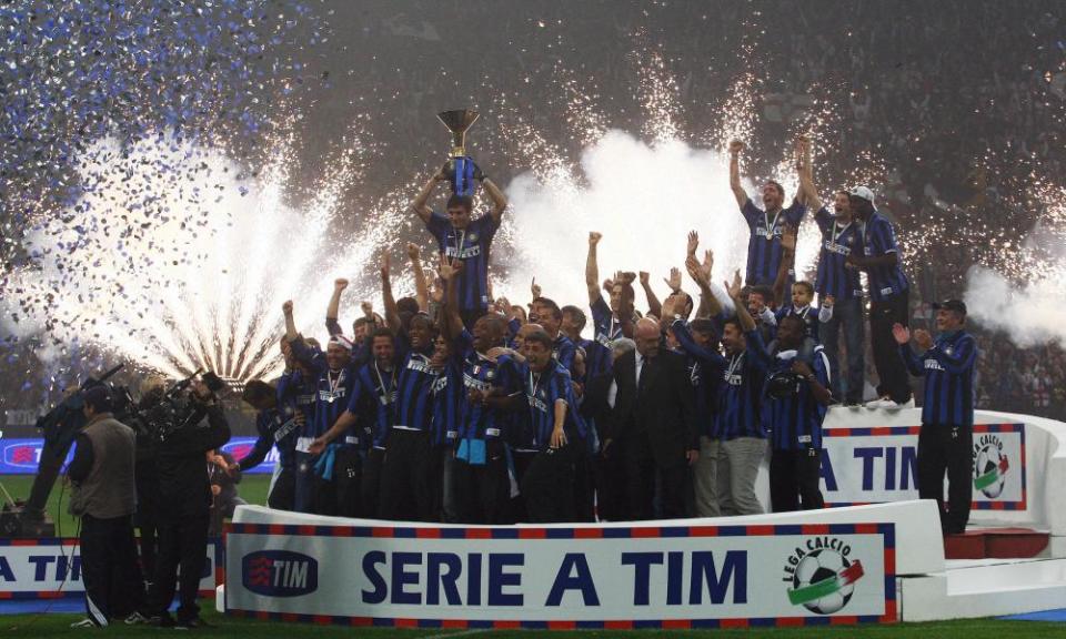 Inter’s captain Javier Zanetti lifts the the Scudetto trophy in 2008, the club’s centenary year.