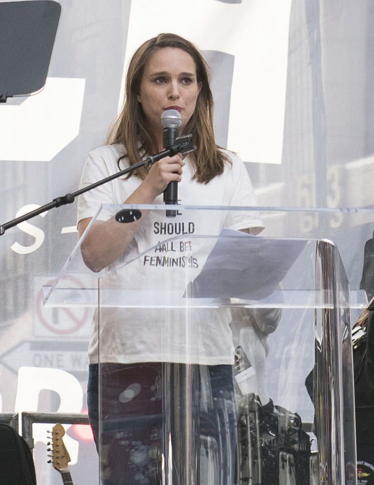 Natalia Portman speaks at the Women's March in Los Angeles, sporting her Dior T-shirt. 