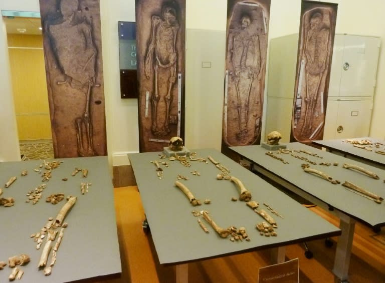 The bones of four of the early leaders of Virginias's Jamestown settlement are displayed at the Smithsonian Institute in Washington, DC on July 28, 2015