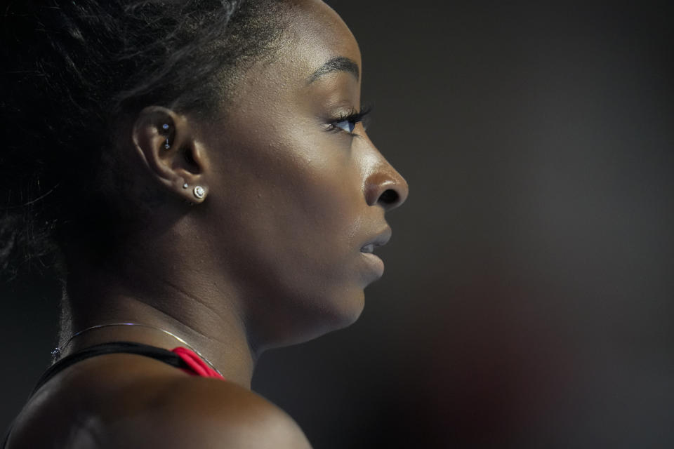 Simone Biles, a seven-time Olympic medalist and the 2016 Olympic champion, warms up during a practice session at the U.S. Classic gymnastics competition Friday, Aug. 4, 2023, in Hoffman Estates, Ill. (AP Photo/Erin Hooley)