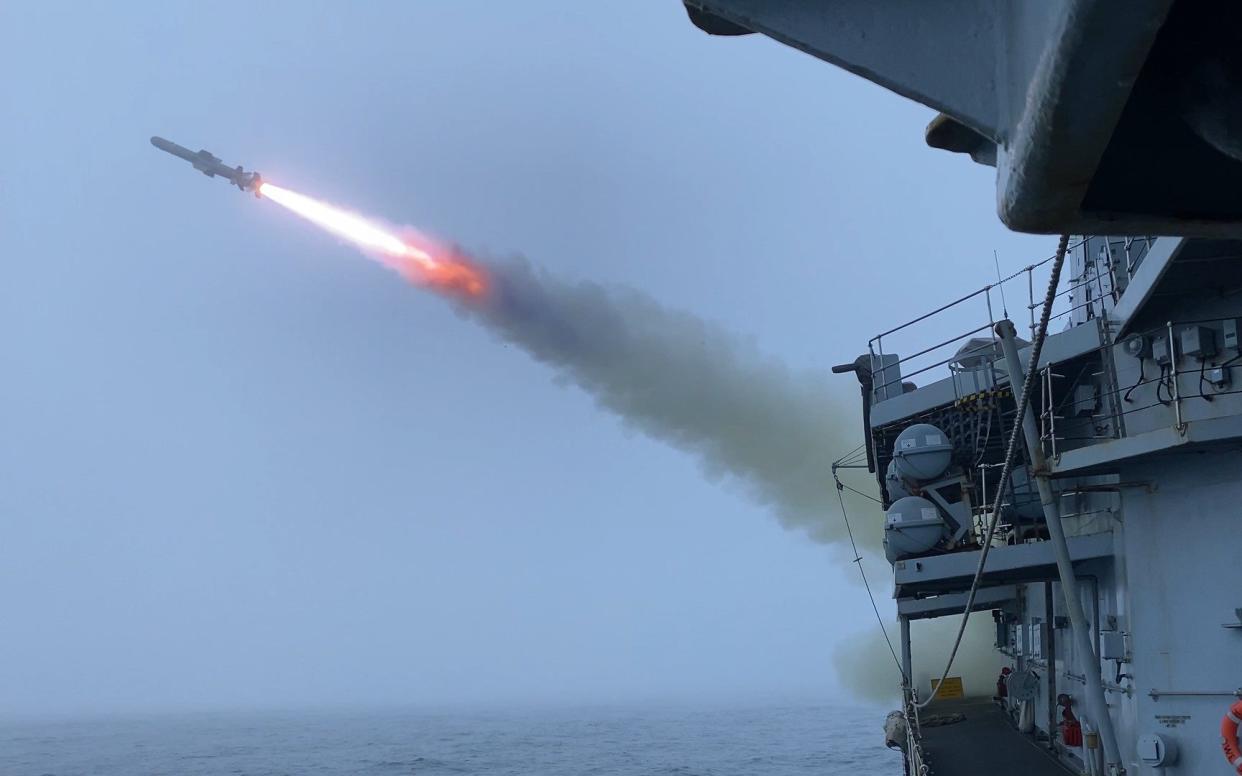 Anti-ship Harpoon missiles, seen here being fired from HMS Westminster, cost £1.2 million each and have a range of around 80 miles - Royal Navy