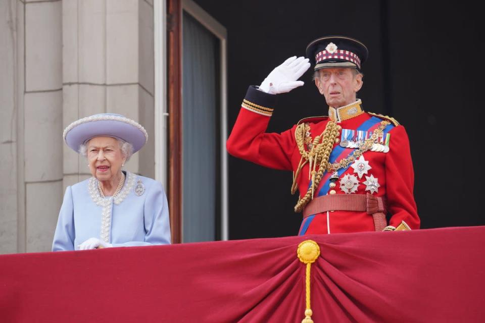 The Queen and the Duke of Kent watch from the balcony (Jonathan Brady/PA) (PA Wire)
