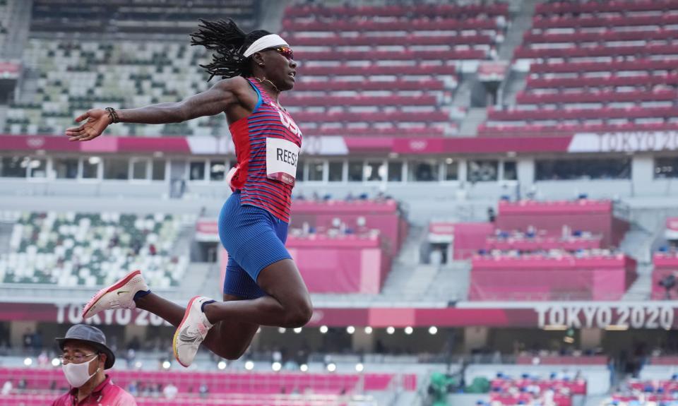 Brittney Reese competes during the women's long jump qualification round.