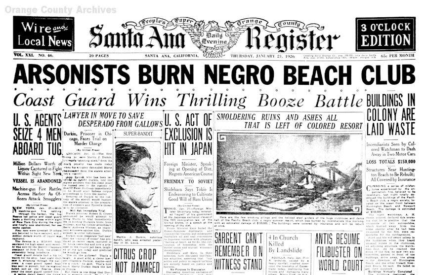 Santa Ana Register front page of Pacific Beach Club burning down.