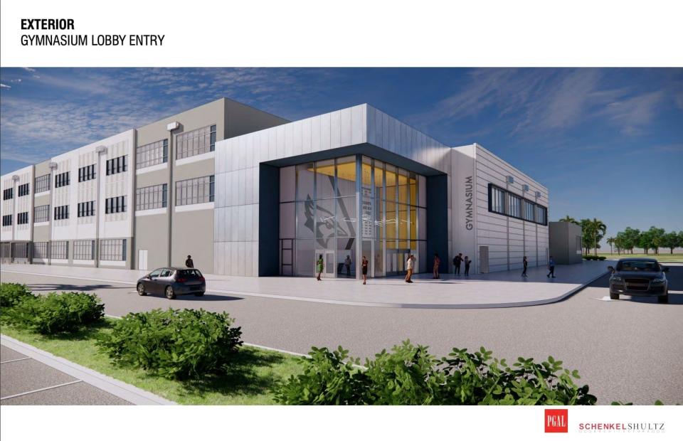 A rendering of the entrance to the gym at Dr. Joaquín García High School. The school will open in August, and the Palm Beach County School Board will approve the school's attendance map on March 29.