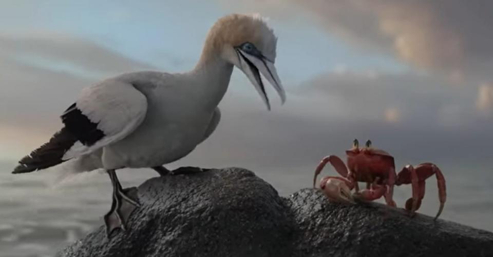 The Little Mermaid Scuttle and Sebastian sitting on a rock in ocean