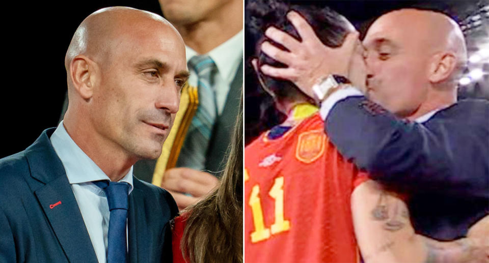 Pictured right, Spanish football president Luis Rubiales kissing Jenni Hermoso.