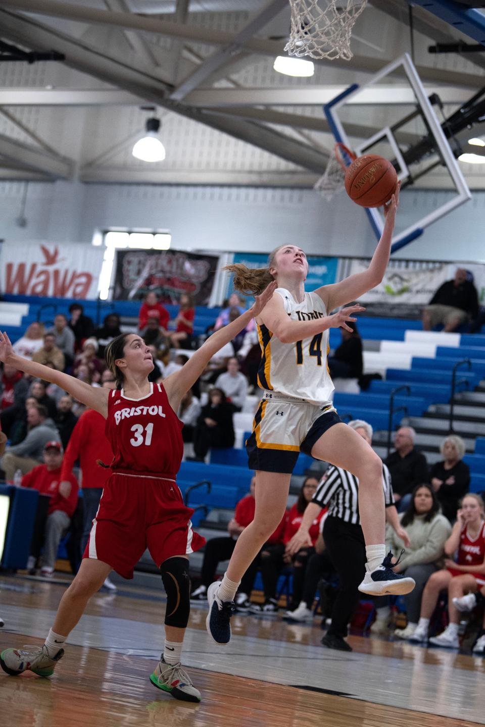 Bristol junior Mackenzie Kauffman chases New Hope-Solebury's Reagan Chrencik at Bensalem High School on Saturday, Feb. 25, 2023. New Hope-Solebury girls basketball defeated Bristol in District One title game in class 3A, 53-28.