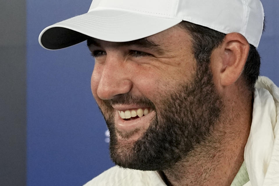 Scottie Scheffler speaks during a news conference during the PGA Championship golf tournament at the Valhalla Golf Club, Tuesday, May 14, 2024, in Louisville, Ky. (AP Photo/Sue Ogrocki)