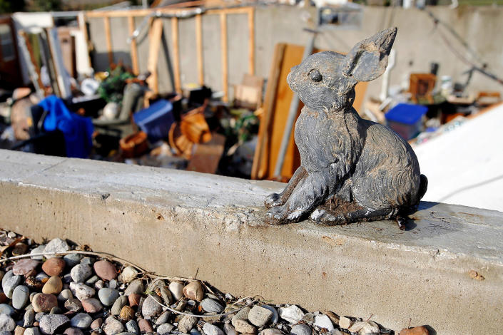 <p>A rabbit statue stands on the foundation of a house that was leveled after yesterday’s tornado, March 1, 2017, in Perryville, Mo. (Jon Durr/Getty Images) </p>