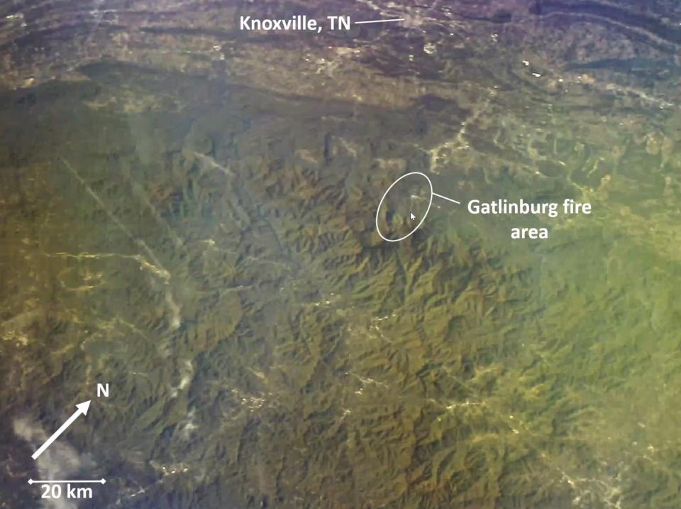 First good image over the Gatlinburg fire region were captured Oct. 5, 2022, six days before RamSat burned up in Earth’s atmosphere. The white circle shows the location of the burn scars where the 2016 wildfire devastated the forest in the Great Smoky Mountains. The images indicated regrowth in the burned areas.