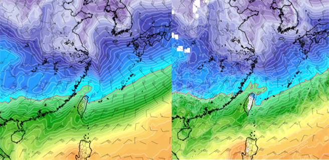 最新歐洲(ECMWF左圖)及美國(GFS右圖)模式，模擬30日20時850百帕溫度預測圖顯示，強冷空氣南下，零度線(紅色線)皆已在台灣北部。(圖擷自Tropical tidbits)

