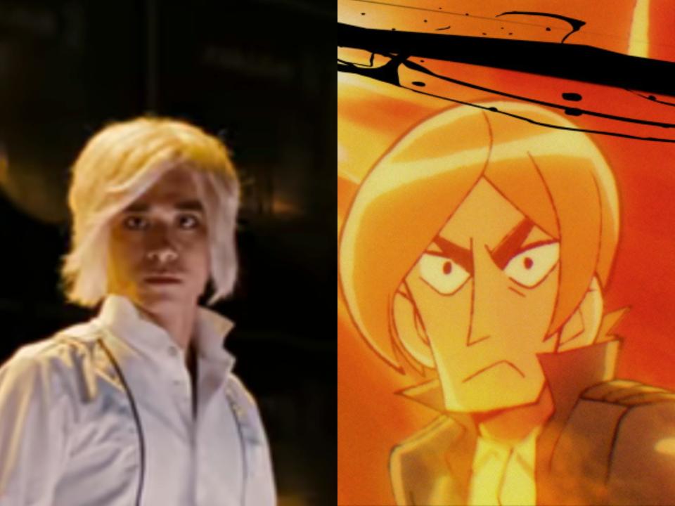 left: keita saito as kyle katayanagi in the scott pilgrim movie, wearing a white collared shirt and with long, dyed blonde hair; right: kyle katayanagi in the scott pilgrim anime, scowling.