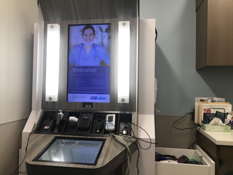 The tele-diagnostic kiosk in a McLaren Now+Clinic at Walgreens location in Petoskey on Aug. 31, 2023. The clinic is a "convenience care clinic" where an in-person registered nurse and a tele-located nurse practitioner treat patients for minor illnesses and injuries.