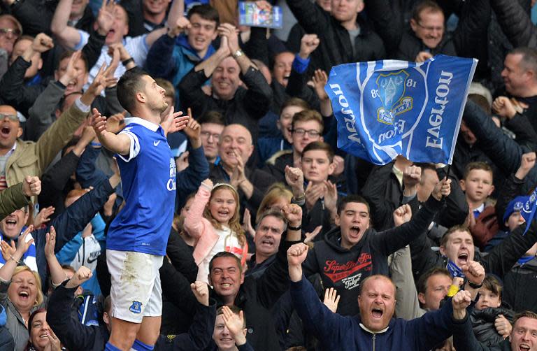 Everton's Belgian striker Kevin Mirallas celebrates after scoring his team's second goal during the English Premier League football match between Everton and Manchester United at Goodison Park in Liverpool on April 20, 2014 RESTRICTED TO EDITORIAL USE. No use with unauthorized audio, video, data, fixture lists, club/league logos or “live” services. Online in-match use limited to 45 images, no video emulation. No use in betting, games or single club/league/player publications