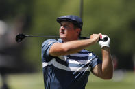 Bryson DeChambeau drives on the second tee during the final round of the Rocket Mortgage Classic golf tournament, Sunday, July 5, 2020, at Detroit Golf Club in Detroit. (AP Photo/Carlos Osorio)
