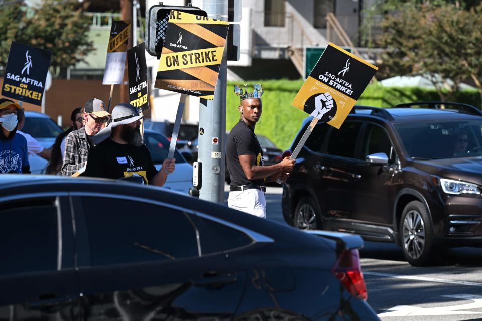 SAG-AFTRA members and supporters picket outside Disney Studios on day 95 of their strike against the Hollywood studios in Burbank, California, on Oct. 16, 2023. Talks between Hollywood actors and studios over an ongoing strike collapsed last week.