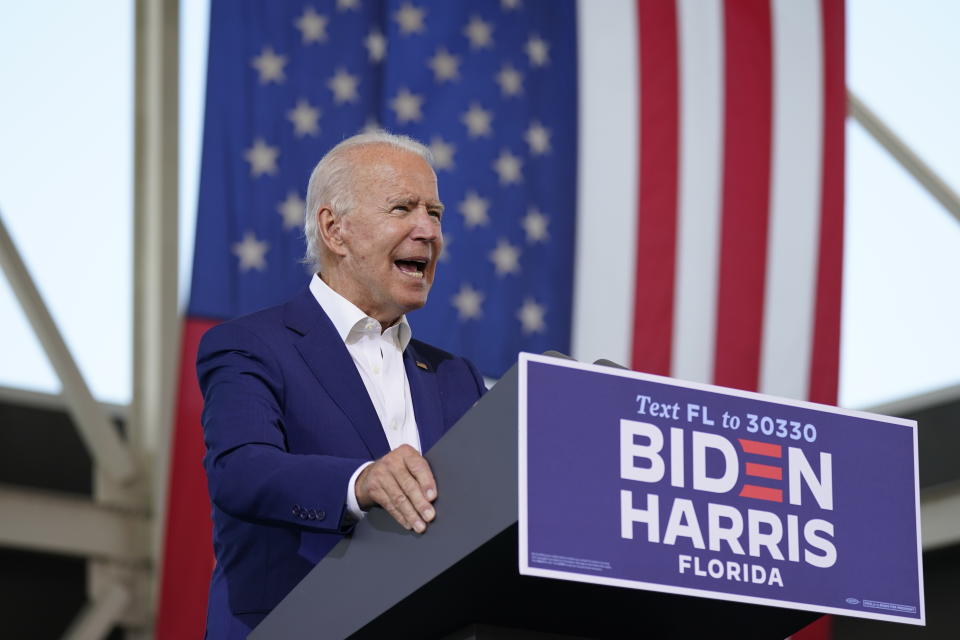 Democratic presidential candidate former Vice President Joe Biden speaks at Miramar Regional Park in Miramar, Fla., Tuesday Oct. 13, 2020. (AP Photo/Carolyn Kaster)