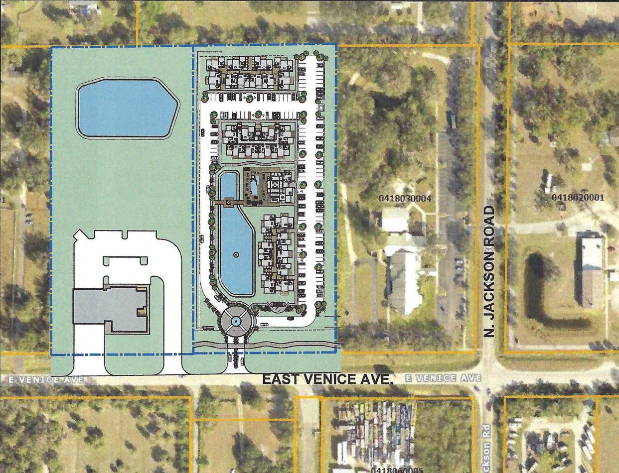 DiPiazza Village is a proposed 64-unit multifamily complex on the north side of East Venice AVenue that would be east of a new Sarasota County fire station and west of Unity of Venice church.