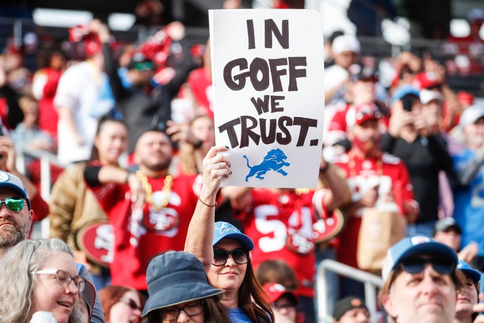 Detroit Lions fans cheer during warmups before the NFC Championship game against San Francisco 49ers at Levi's Stadium in Santa Clara, Calif. on Sunday, Jan. 28, 2024.