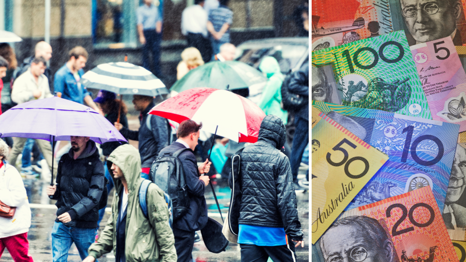 People holding umbrellas and crossing the road and Australian cash.