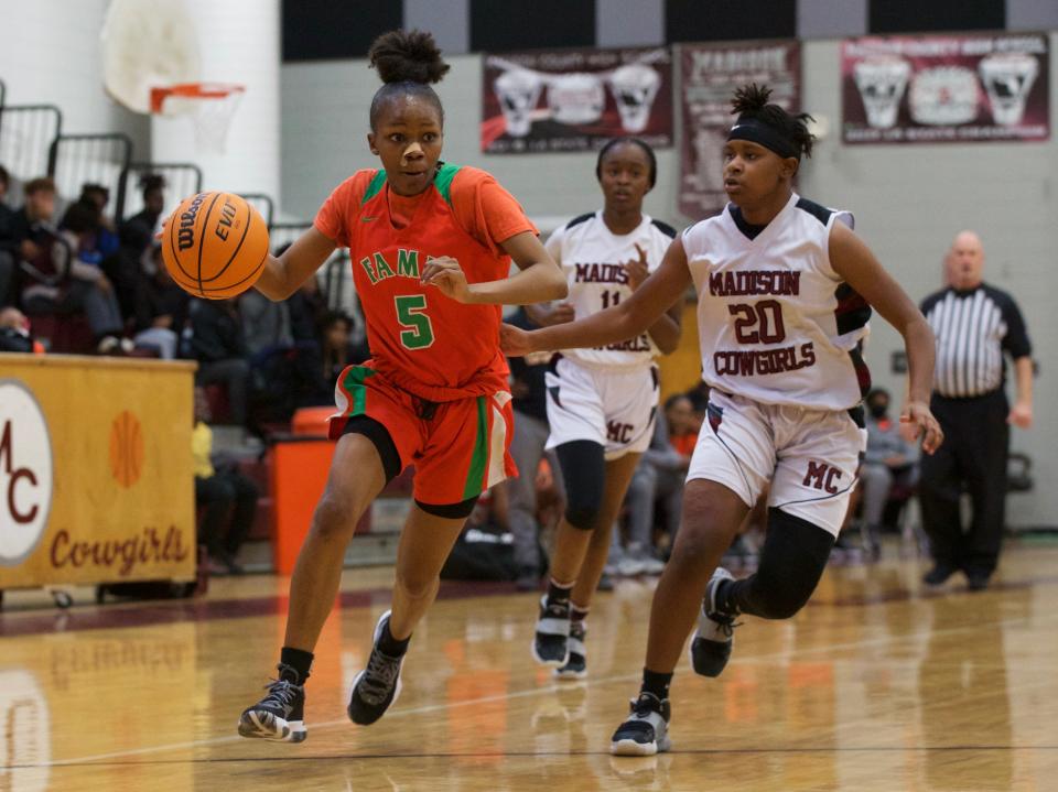 FAMU DRS senior guard Alexandria Reddick (5) dribbles the ball down court in a game against Madison County on Jan. 22, 2022, at Madison County High School. The Rattlers won 58-31.