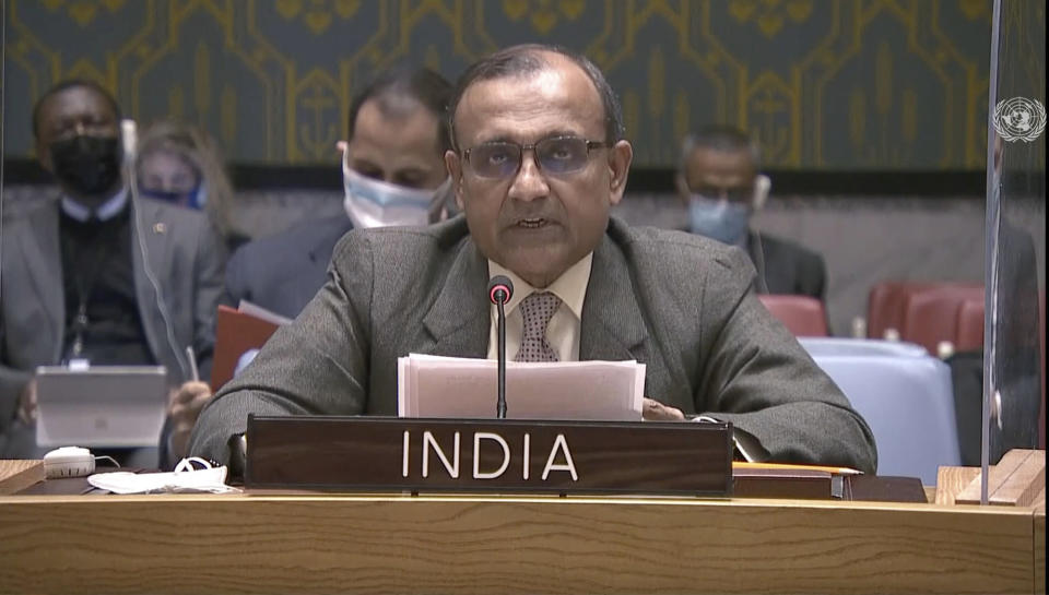 In this image made from UNTV video, India's Ambassador to the United Nations T. S. Tirumurti speaks during an emergency U.N. Security Council meeting on Ukraine, at the U.N headquarters, Monday, Feb. 21, 2022. (UNTV via AP)